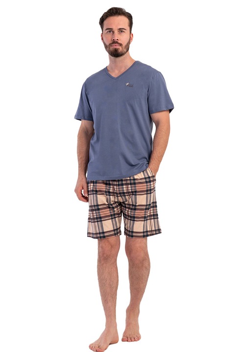 Pijamale barbati Vienetta Man, model Basic Check, Maro/Albastru