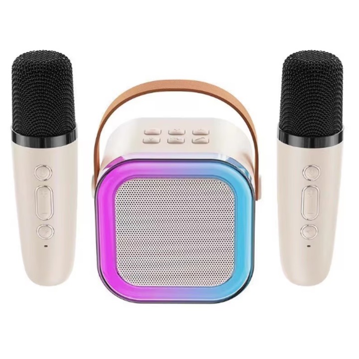 Set mini mașină de karaoke portabilă cu 2 microfoane, lumini LED, efecte vocale, multicolor, pentru copii