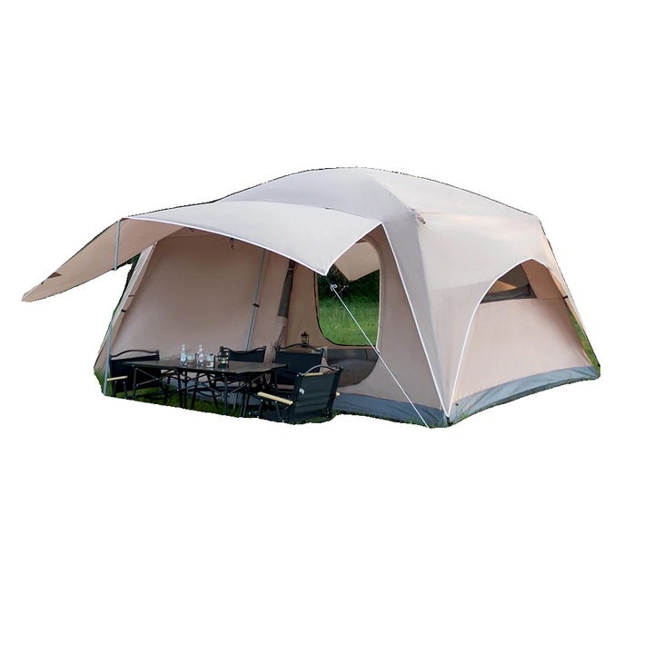 Cort de camping, New Khaki, 3-4 persoane, rezistent la apa, rezistent la vant, design cu doua camere