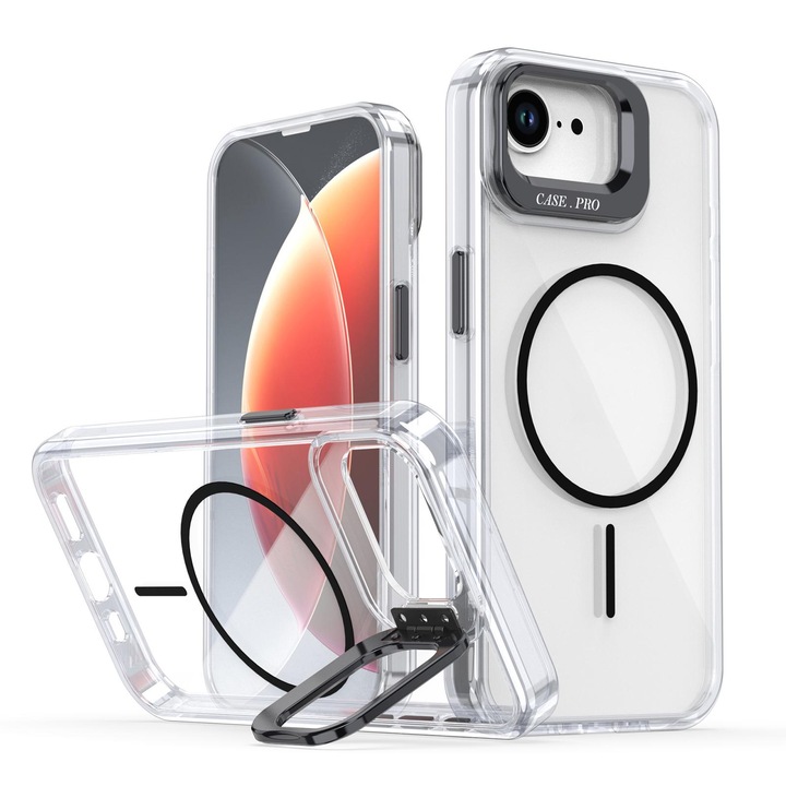 Husa telefon cu Kickstand compatibila cu iPhone 16e, Compatibila MagSafe, Kickstand, TPU moale silicon, Antisoc, Prindere anti-alunecare, Compatibila incarcare wireless, Vizionare fara maini, Decupaje precise, Negru