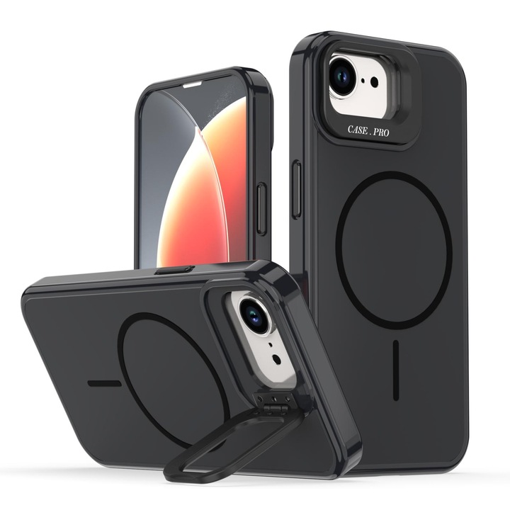 Husa telefon cu Stand compatibila cu iPhone 16, Compatibila MagSafe, Kickstand, Acrilic + TPU, Antisoc, Prindere anti-alunecare, Compatibila incarcare wireless, Vizionare fara maini, Protectie camera, Negru de noapte