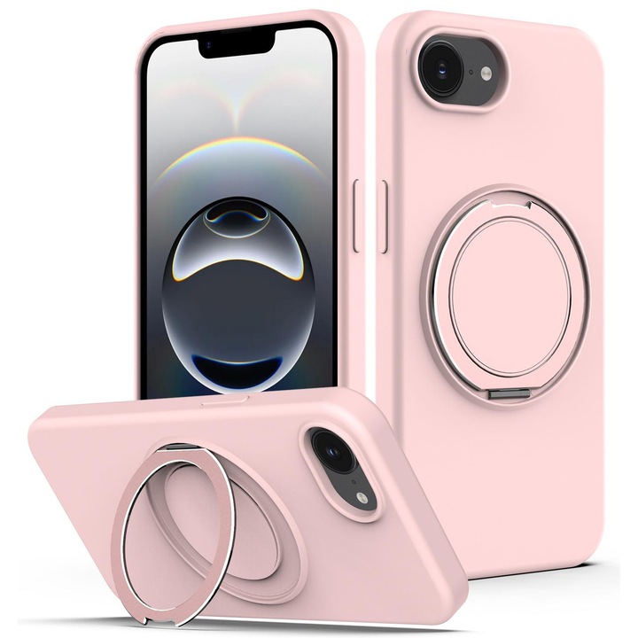 Husa telefon cu Stand compatibila cu iPhone 16, Compatibila MagSafe, Kickstand, PC dur + Gel de Silica, Antisoc, Vizionare fara maini, Decupaje precise, Roz