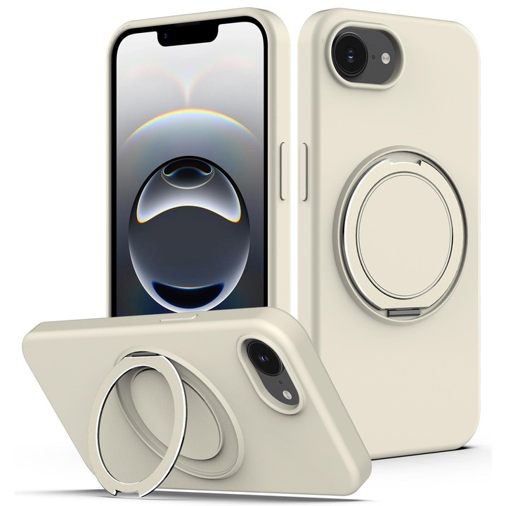 Husa telefon cu Stand compatibila cu iPhone 16, Compatibila MagSafe, Kickstand, PC dur + Gel de Silica, Antisoc, Compatibila incarcare wireless, Vizionare fara maini, Decupaje precise, Alb