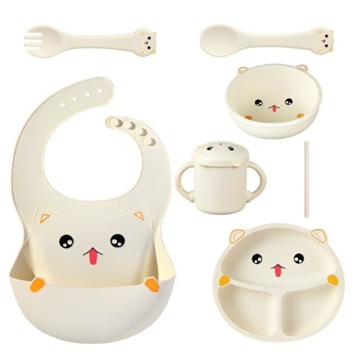 Set Hranire Bebelusi, Copii din Silicon Infiniteea™, 6 Piese, Potrivite pentru Diversificare, 6+luni, BPA Free, Bavetica, Bol si Farfurie Compartimentata cu Ventuza, 1 Set de Lingurite si Furculite, Cana cu Pai si Capac, Bej