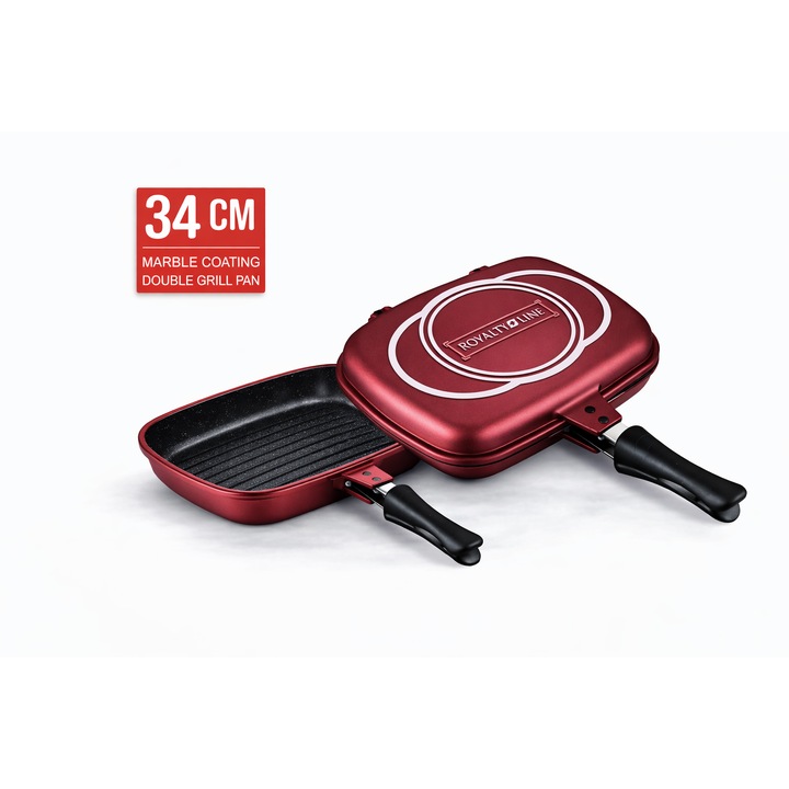Tigaie grill dublă Royalty Line, 34 cm, aluminiu turnat, acoperire marmură, roșu metalizat