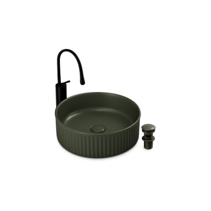 Lavoar de baie rotund BisDesign, ceramica verde olive mat, ventil ceramic inclus, 37x37x13cm