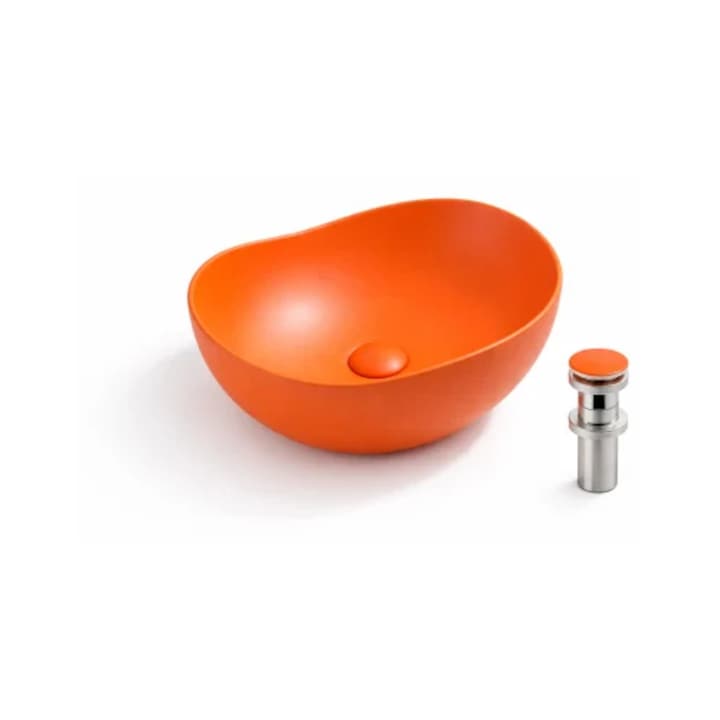 Lavoar rotund de baie pe blat BisDesign, ceramica portocalie mat, ventil ceramic inclus, 380x380x170mm