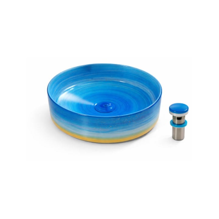 Lavoar pe blat BisDesign, ceramică albastră artistică cu efect spiralat, rotund, dimensiune 370x370x135mm