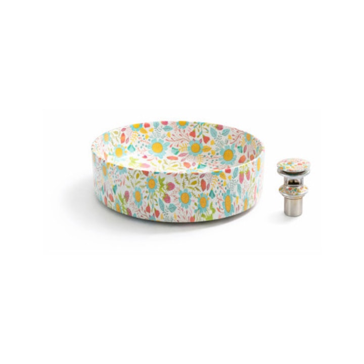 Lavoar rotund de baie pe blat BisDesign, ceramica multicolor cu model floral, 370x370x130mm
