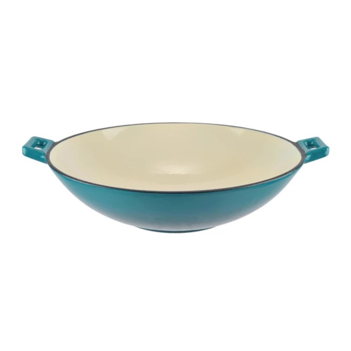 Wok din fonta emailata Perfect Home, 37 cm, turcoaz, dimensiune mare