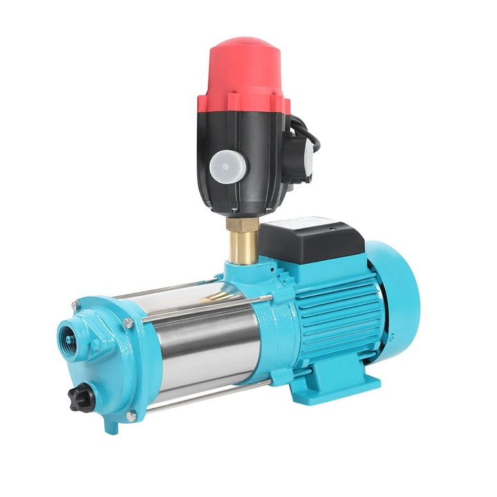 Pompa de apa centrifugala, autoamorsare, debit mare, 220V, cyan, dimensiuni compacte