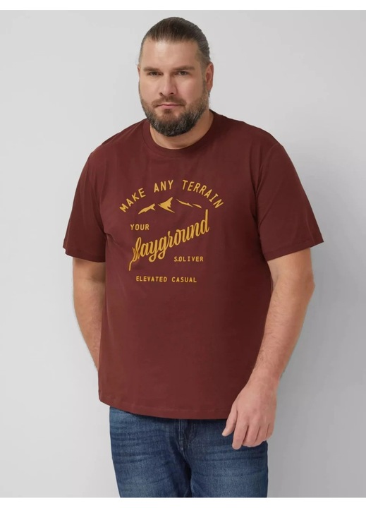 S.Oliver Big Sizes Tricou barbati big sizes, cu decolteu la baza gatului si imprimeu cu text, Rosu inchis, Rosu inchis