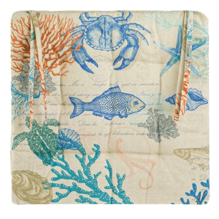 Perna scaun din bumbac, model pesti scoici, coral/bleu, 40x40x5cm