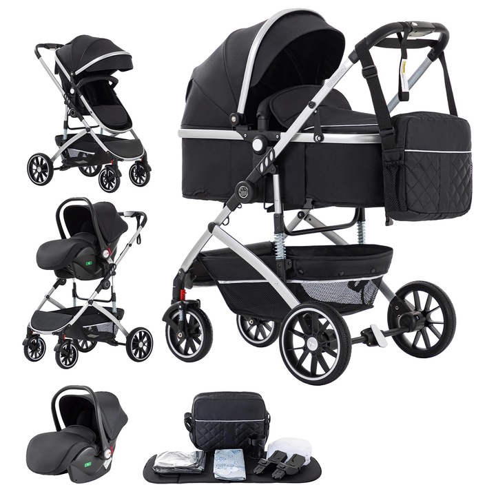 Carucior 3-in-1, design pliabil, negru, pentru copii pana la 2 ani, suporta peste 20 kg