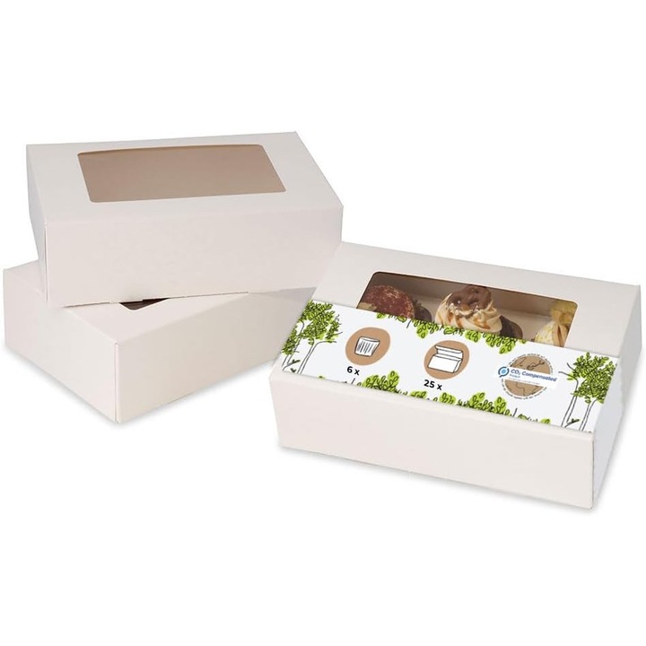 Set 25 Cutii carton pentru prăjituri, fereastră PLA, alb, 24x17x8cm