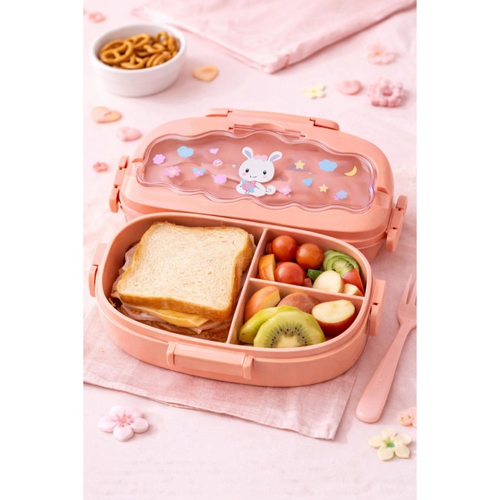 Кутия за обяд с отделения, пластмасова, розова
