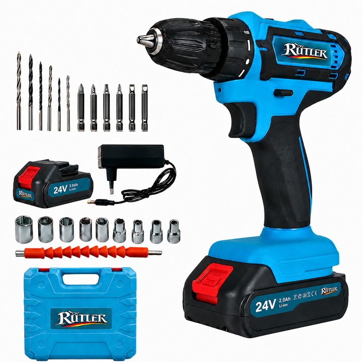 Masina de gaurit si insurubat semiprofesionala RUTLER® (bormasina), Bormasina 24V, Acumulator 2Ah, Masina de gaurit cu Mandrina 10mm, Masina de insurubat 25 trepte si 1800 RPM, Aparat de gaurit cu iluminare LED, Fast Charge, Set 24 accesorii, Albastru