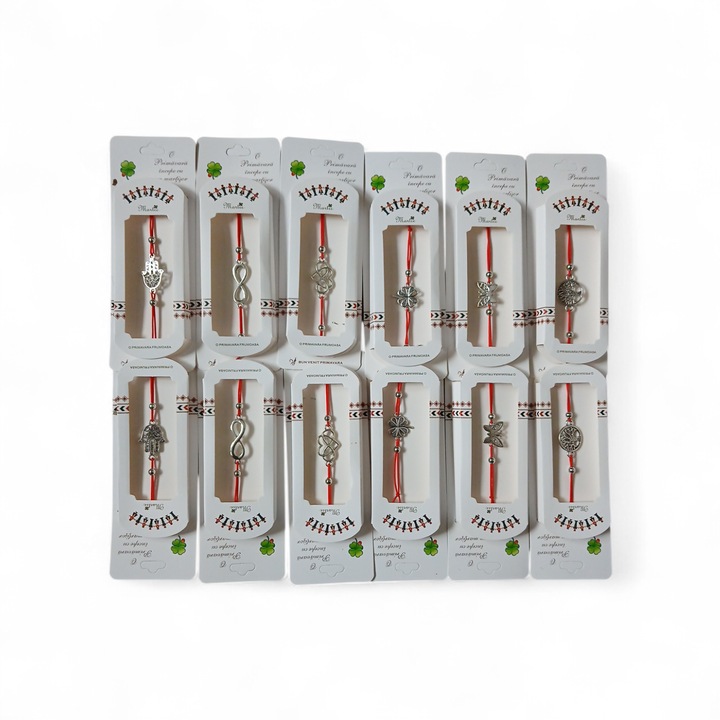 Set 12 Martisoare Tip Bratara Cu Simbol Argintiu, Diverse Modele, Fluture, Inimi Impletite, Infinit, Trifoi Norocos, Palma si Pomul Vietii, Vision XXI, In Cutii Carton