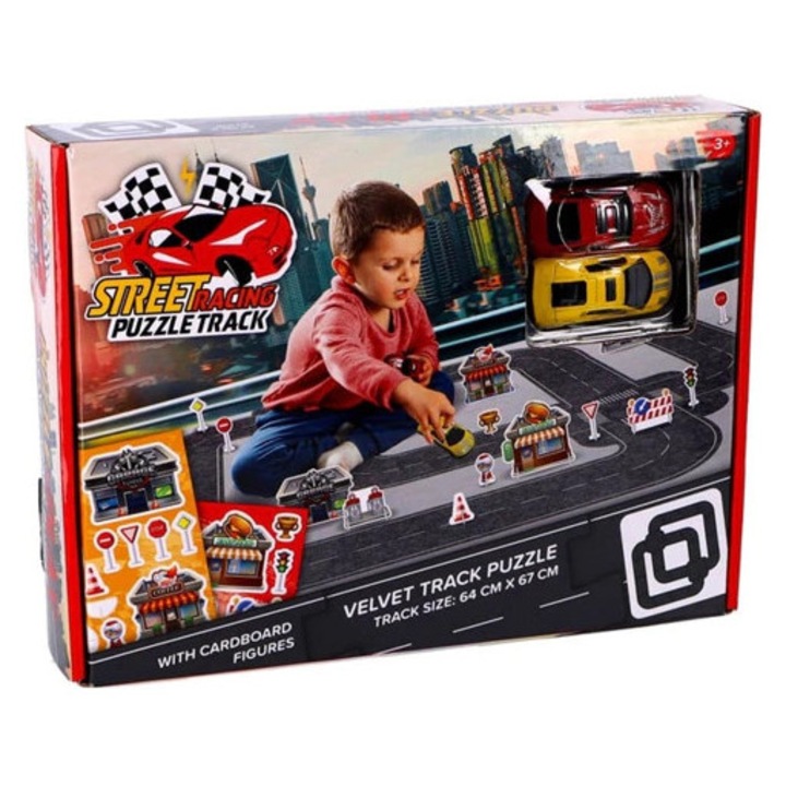 Puzzle szett bársonyos felületű utcai versenypálya, 2 autó, 30x22cm