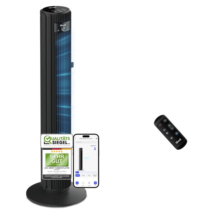 Ventilator turn Levoit, 4 moduri/12 nivele, telecomandă, negru, 106 cm