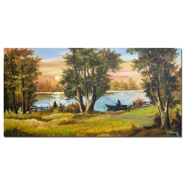 Tablou living apus de soare cu pescari pictat manual, 120x60cm ulei pe panza, Constantin Feraru