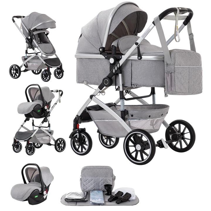 Carucior 3-in-1, design pliabil, gri deschis, pentru copii pana la 2 ani
