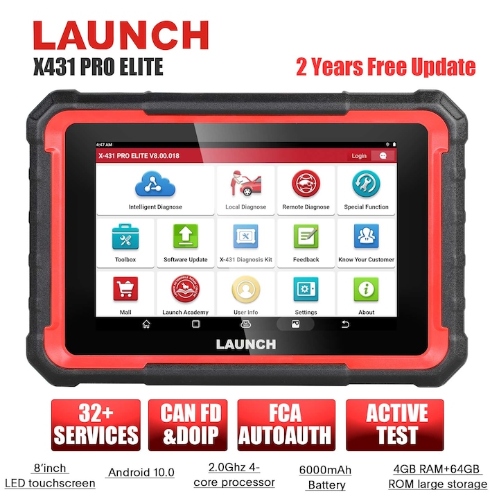 Tester diagnoza auto profesional multimarca LAUNCH X431 PRO ELITE, tableta 8" Android 10, 4GB RAM 64GB, teste active bidirectionale, codare ECU, VAG Guided, CAN FD, DoIP, FCA AutoAuth, OBFCM ITP, 37+ functii service, 25 limbi Romana Maghiara, update 2 ani