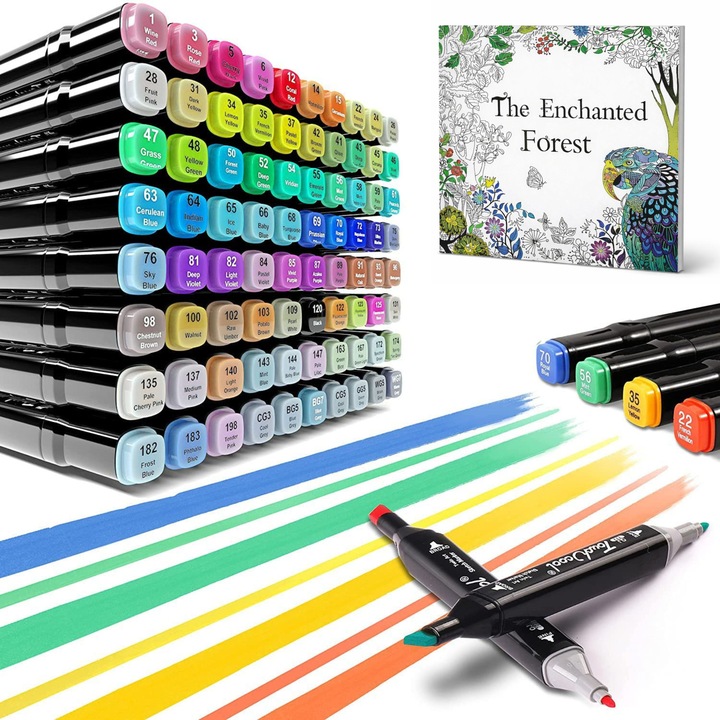 Set 168 Markere Duble TitoLAND™, Multicolore, Varf Rotund si Varf Patrat, culoare bazata pe apa, uscare rapida, etc Ideala pentru Copii si Adulti, Proiecte DIY, 1x Geanta Transport si 1x Carte de Colorat incluse