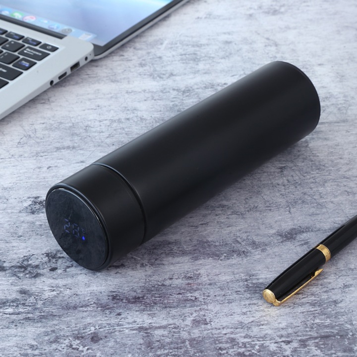 GTS® Intelligens Termosz LCD kijelzővel, 500ml, Akár 12 órán át melegen vagy hidegen tartja az italokat, Rozsdamentes acél, Fekete