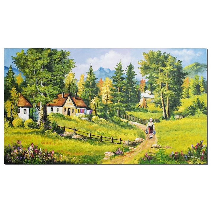 Tablou living peisaj rural de la munte pictat manual, Amintiri de la bunici, 120x70cm ulei pe panza, Constantin Feraru