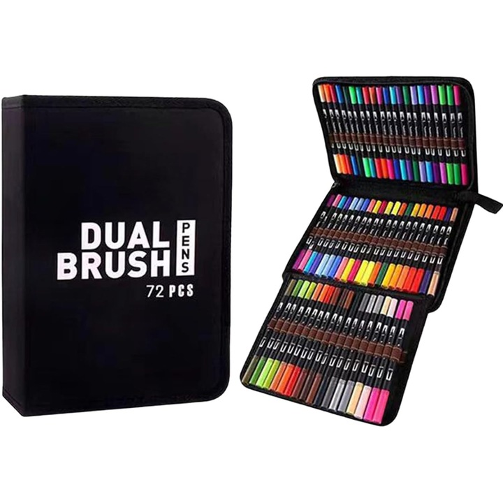 Set de 72 markere de colorat, varf dublu, multicolor, cutie de depozitare