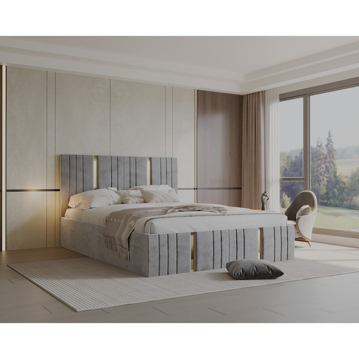 Pat tapitat Sebastian, 160x200 cm, Gri deschis