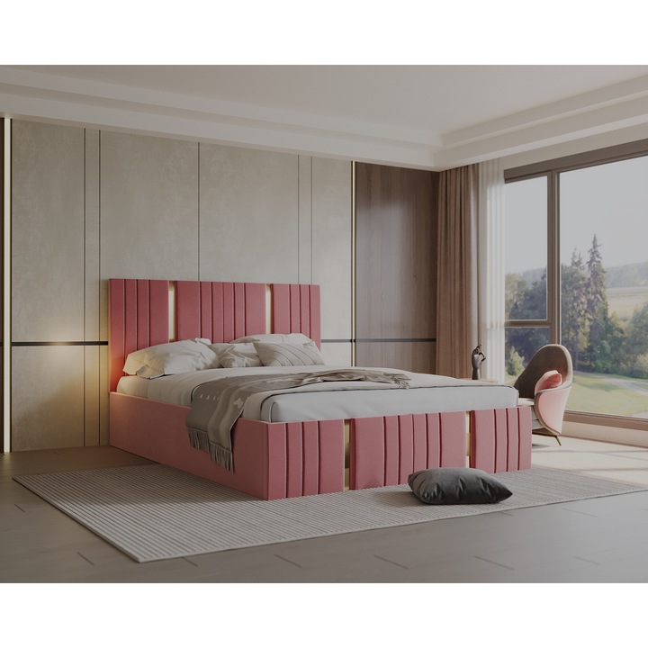 Pat tapitat Sebastian cu saltea, 180x200 cm, Roz
