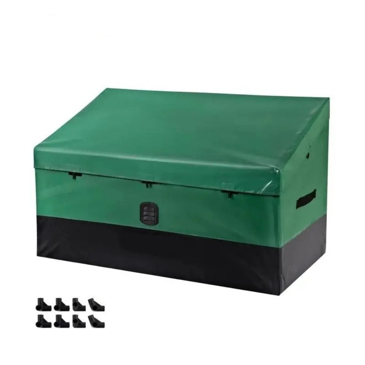 Kültéri tárolódoboz, 100 gallonos vízálló PE, horganyzott keret, szabadon álló, zöld és fekete