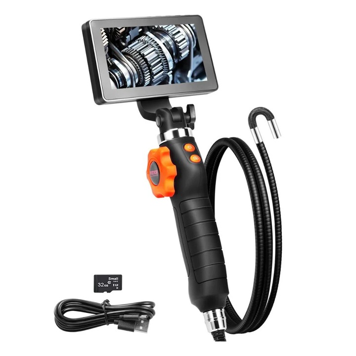 Artikulált boroszkóp ellenőrző kamera, 5" HD IPS képernyő, 180°-os kétirányú lencse, fekete