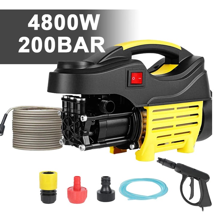 4800 W-os hordozható, magasnyomású autómosó gép, 200 bar vízipisztoly, 7 l/perc áramlási sebesség, multifunkcionális otthoni tisztítóeszköz - sárga