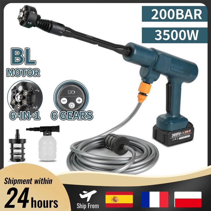 Vezeték nélküli magasnyomású mosó, 18 V, 200 bar, 4,1 L/perc, Fekete