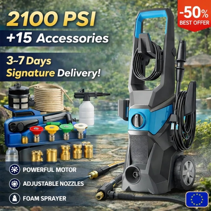 Elektromos magasnyomású mosó, 145 bar, 1800 W motor, habágyú, kék