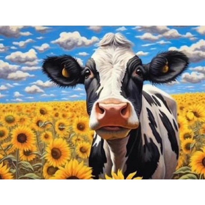 Pictura cu diamant Vaca in camp de floarea soarelui, 40x30cm, Multicolor