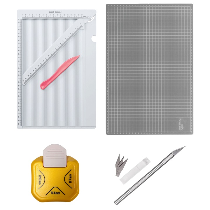 Set Placa de biguire multifunctionala, perforator colt rotund 3 in 1, plansa taiere A3 si cutter de precizie