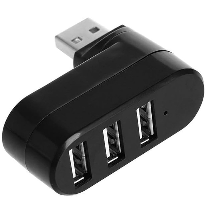 Hub USB 3.0 FooFoony, 3 porturi, rotativ 90/180 grade, compact, negru