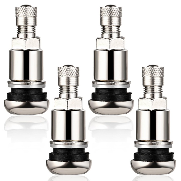 Set de 4 valve TR525 pentru anvelope tubeless, Tioialz®, toate din otel, rezistent la explozii, de baza plata, diametru al orificiului 11.3 mm, universal pentru modificare