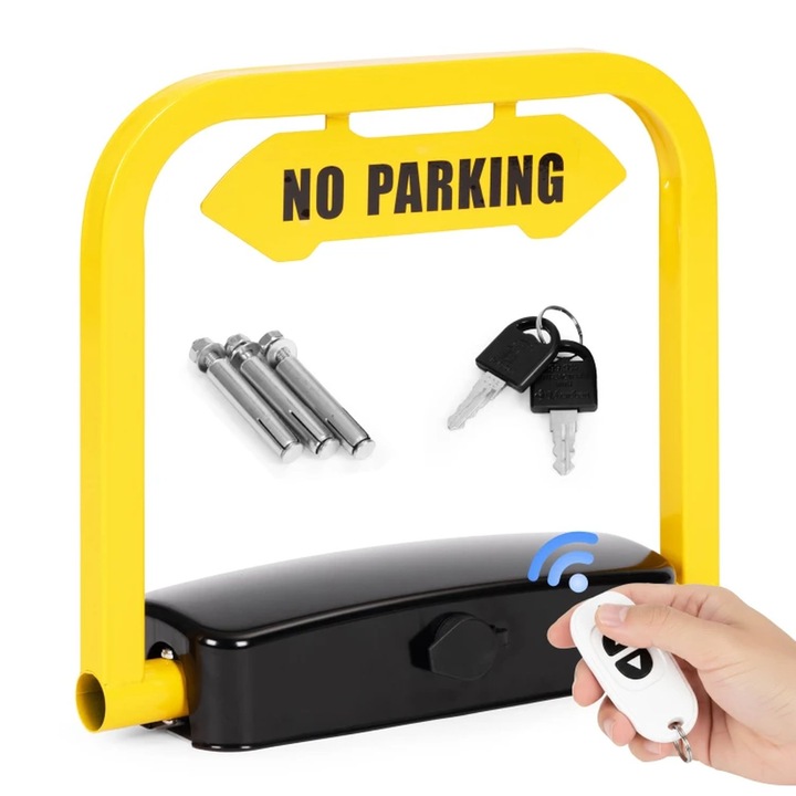 Blocator Parcare Pliabil cu Telecomanda idealSTORE, Dimensiuni 39x12x35CM, Fixare pe Sol, Constructie Metalica, Sistem de Alarma Integrat, Inchidere Sigura cu Cheie sau Telecomanda, Sistem Pliabil Manual, Design Compact, Elemente de Fixare Incluse