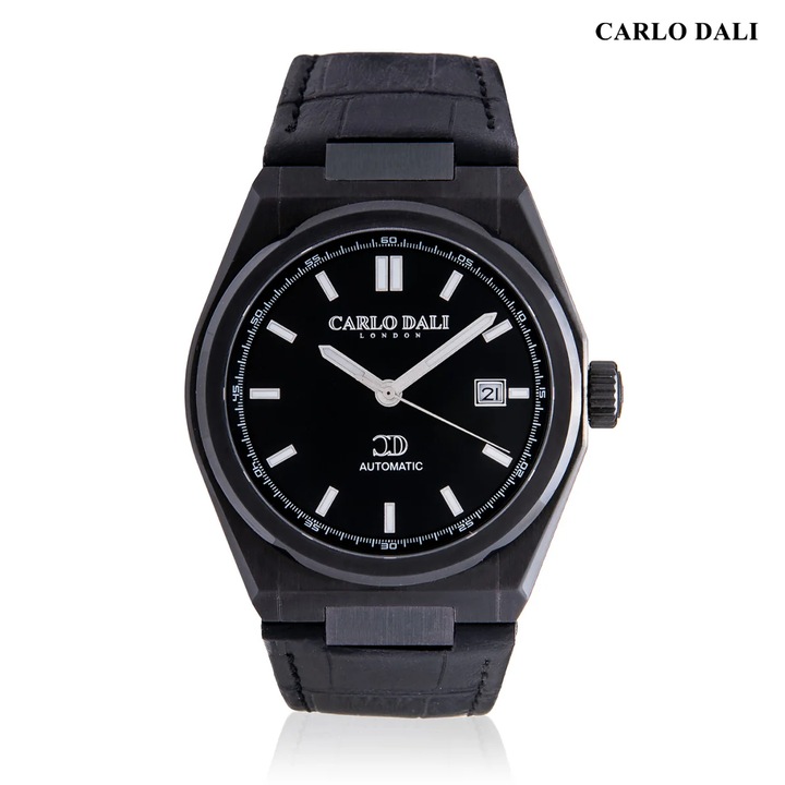 Ceas ”1888 Automatic” Total Black Carlo Dali®, cu curea din piele, pentru barbati, negru