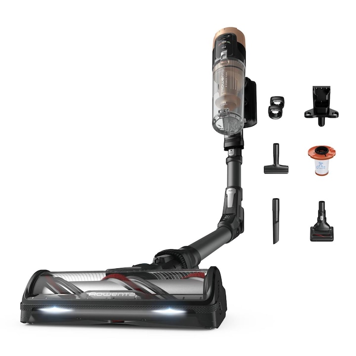 Aspirator vertical Rowenta X-Force Flex 14.80 Animal RH9B74WO, 670W, autonomie 90 minute, filtrare 99.9%, recipient 0.65L, tub flex, iluminare LED, Smart Control Display, functie boost, negru & maro