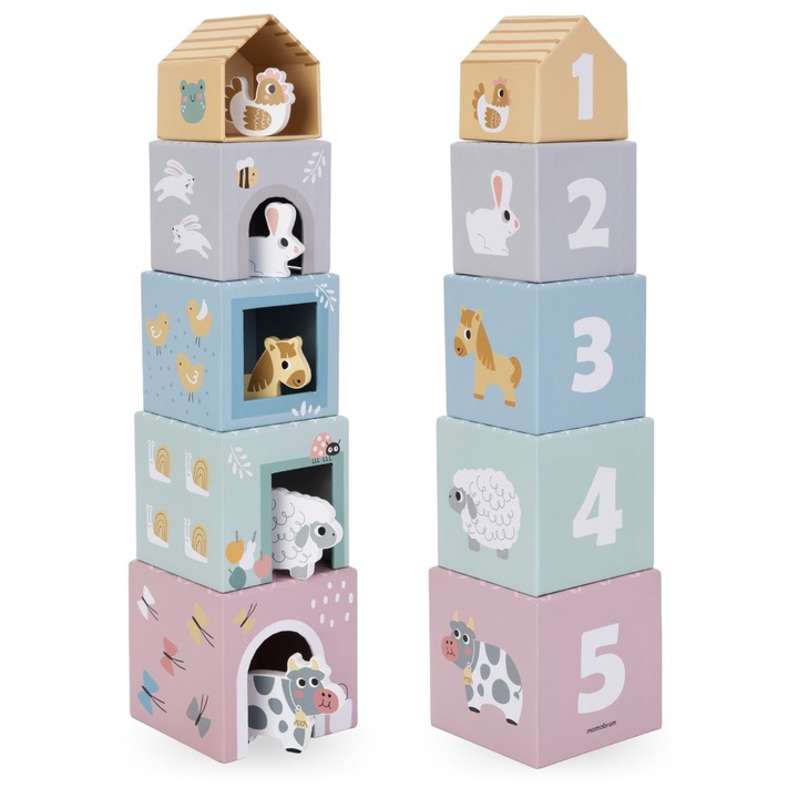 Turn de sortare cu animaluțe - Mamabrum, 5 cutii carton, 5 animale lemn, multicolor, 13x13x55, 5cm