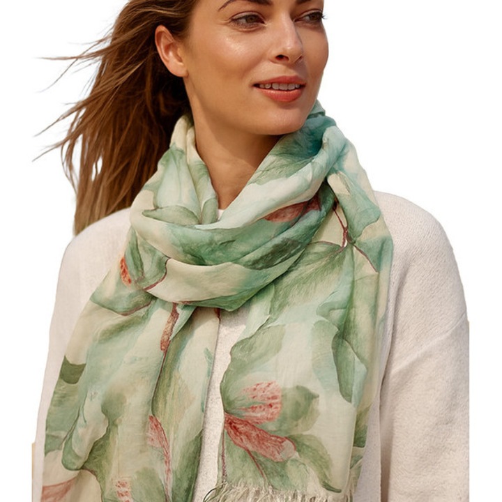 Sal dama elegant verde cu imprimeu floral acuarela, 180x70 cm, poliester – accesoriu versatil pentru tinute casual, office si ocazii speciale, Agrafka unisize