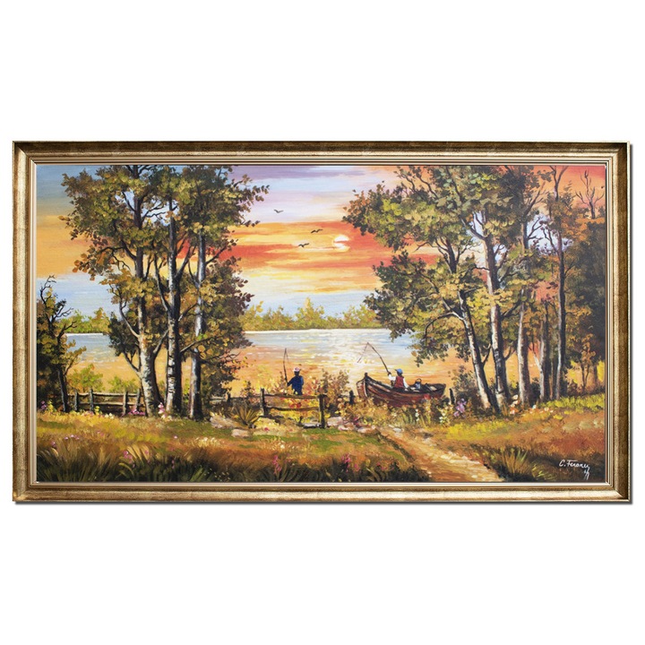 Tablou living apus de soare cu pescari pictat manual inramat, Fir intins, 130x80cm ulei pe panza rama din lemn, Constantin Feraru