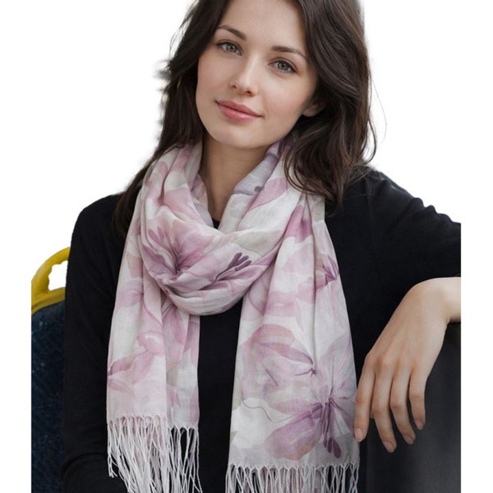 Sal dama elegant violet cu imprimeu floral, 180 x 70 cm, 100% poliester – accesoriu usor si versatil pentru tinute de zi cu zi si ocazii speciale, Agrafka unisize