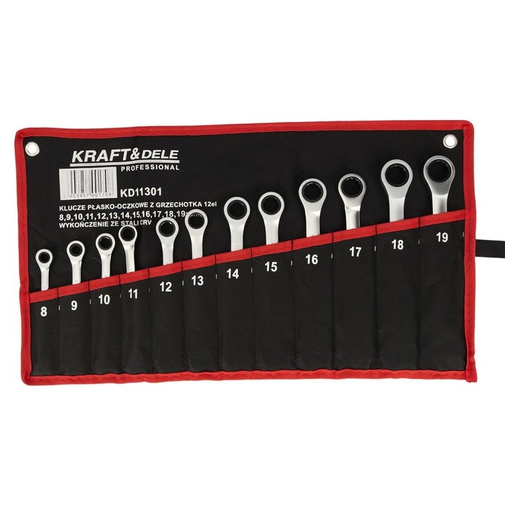 Set chei combinate cu clichet, dimensiuni 8-19mm, 12 piese, Kraft